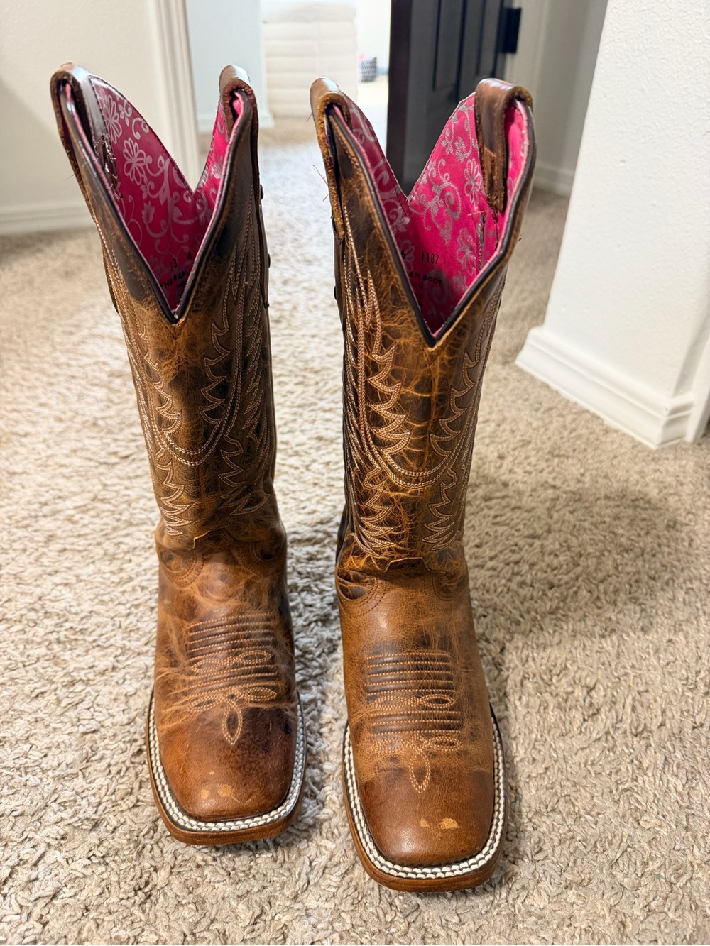 Women's Brown Western Heeled Boots with Pink Lining